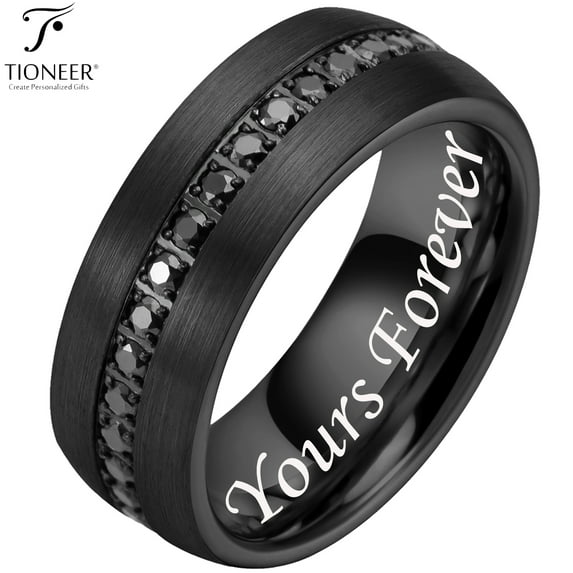 Dome Tungsten Carbide Ring w Eternity Cubic Zirconia in Silver Gold or Black w Black CZ