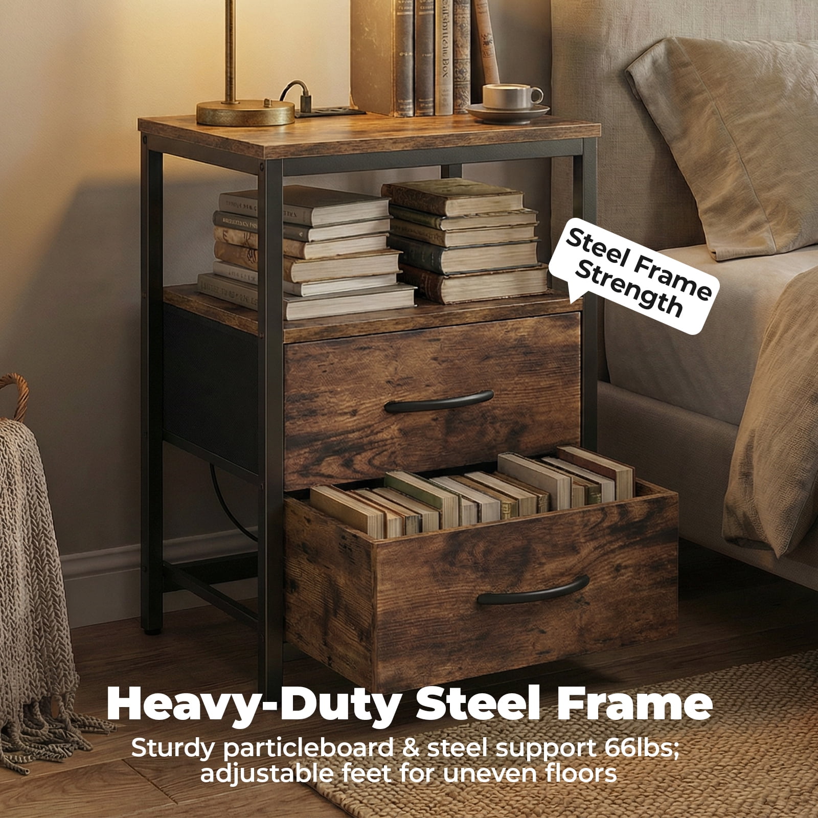 Alvantor Bedside Table Charging Station Nightstand with Fabric Drawers, End Side Table for Bedroom Living Room