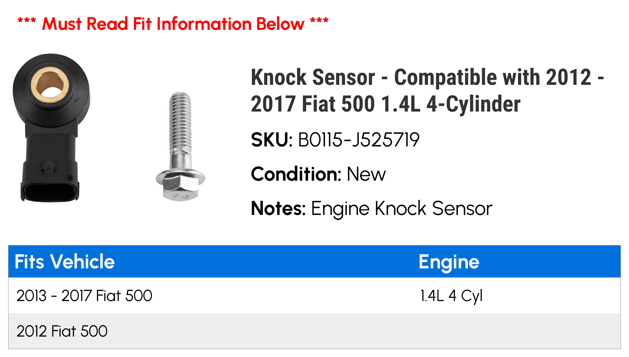 Knock Sensor - Compatible with 2012 - 2017 Fiat 500 1.4L 4-Cylinder 2013 2014 2015 2016