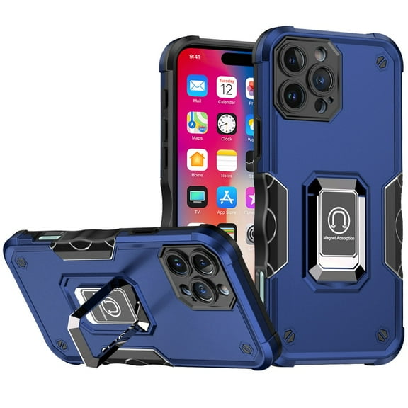 TJS for iPhone 16 Pro Phone Case, [Military Grade] Heavy Duty Magnetic Support Ring Kickstand Cover (Blue)