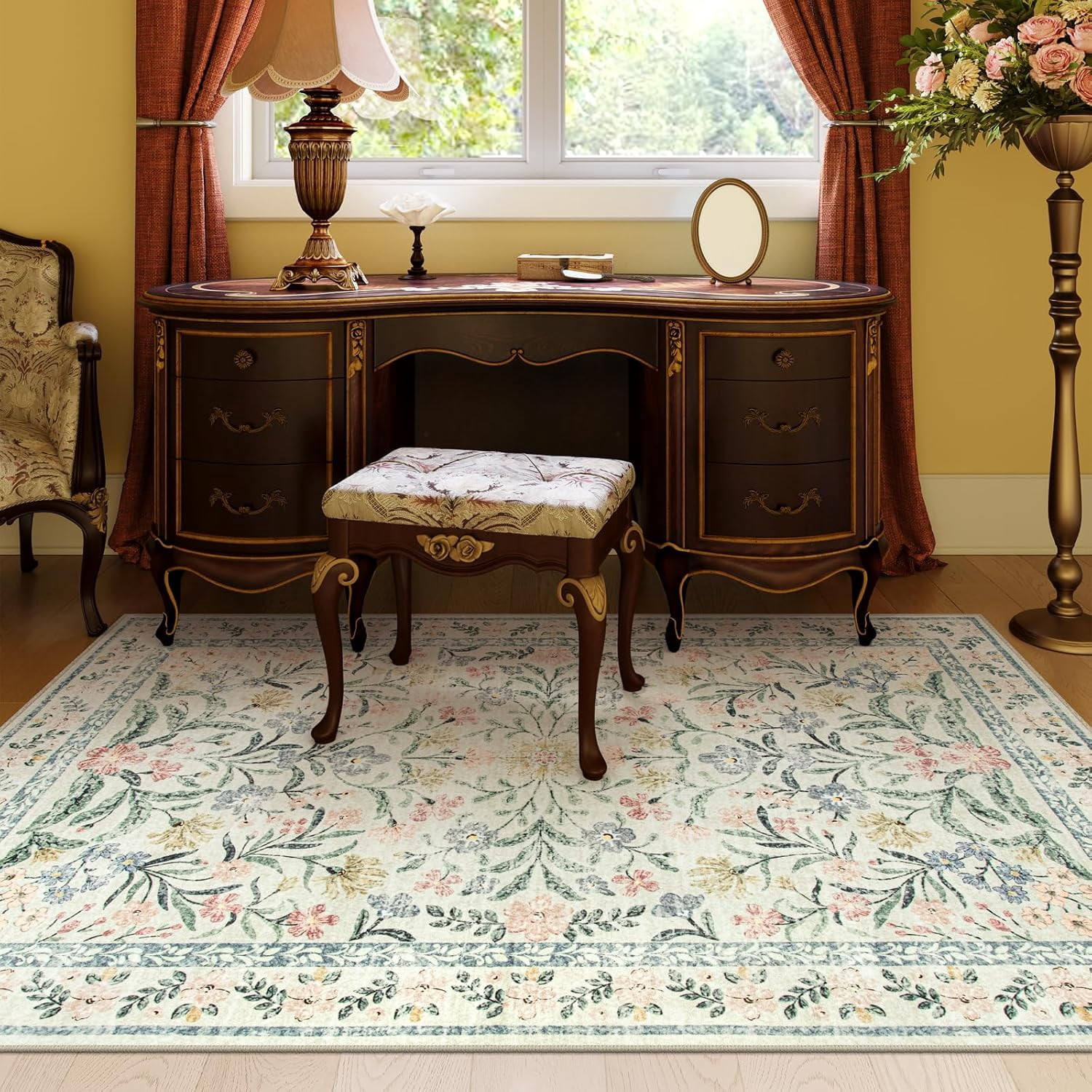 Moynesa 5'x7' Washable Rugs for Living Room, Boho Light Beige Floral Rugs for Bedroom Girls Non Slip, Soft Low-Pile Nursery Carpet Rug for Dining Room Indoor,Beige