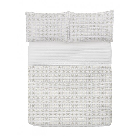 Floral Microfiber Bedspread Set, Abstract Illustration Clovers Motif in Periodic Design and Monochrome Style, Soft Bedding Set with Pillow Shams & Comforter, 3 Sizes, Dark Tan and White, by Ambesonne