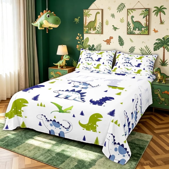 meiyoeat Woodland Dinosaur Bed Sheets for Boys Bedding, Pine Jungle Wildlife Full Size Sheets, White Green Navy, 4pcs, 1 Flat Sheet, 1 Fitted Sheet and 2 Pillowcases