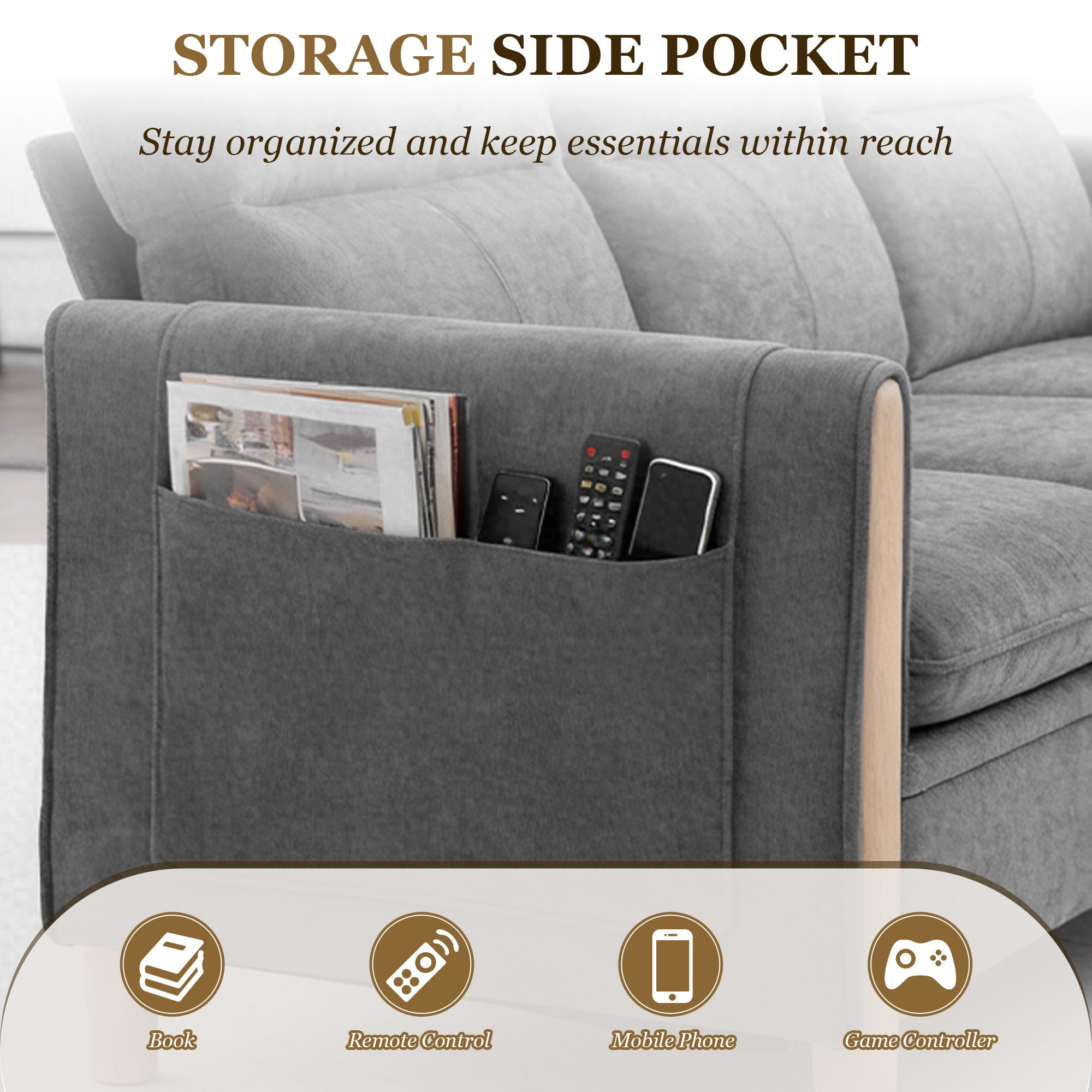 Villeston 3-Seat Sectional Sofa, Oversized Modern Chenille Sofa Couch for Living Room,Gray