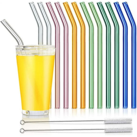 Reusable Glass Straws, Bent Glass Drinking Straws with 2 Cleaning Brushes, Colorful Straws for Smoothies, Milkshakes, Juice(Multicolor, 12 Pack)
