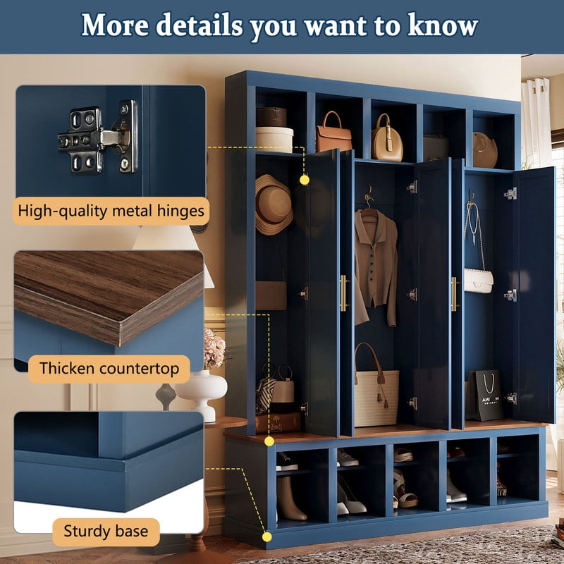 Farmhouse Hall Tree with 5 Doors and Top Storage Compartments, Entryway Coat Rack with Hooks, Mudroom Bench with Shoe Cubbies for Hallway Living Room