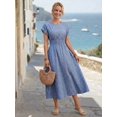 thumbnail image 4 of Womens Blue Casual Ruched Waist Pleated Round Neck Vacation Dress, 4 of 6