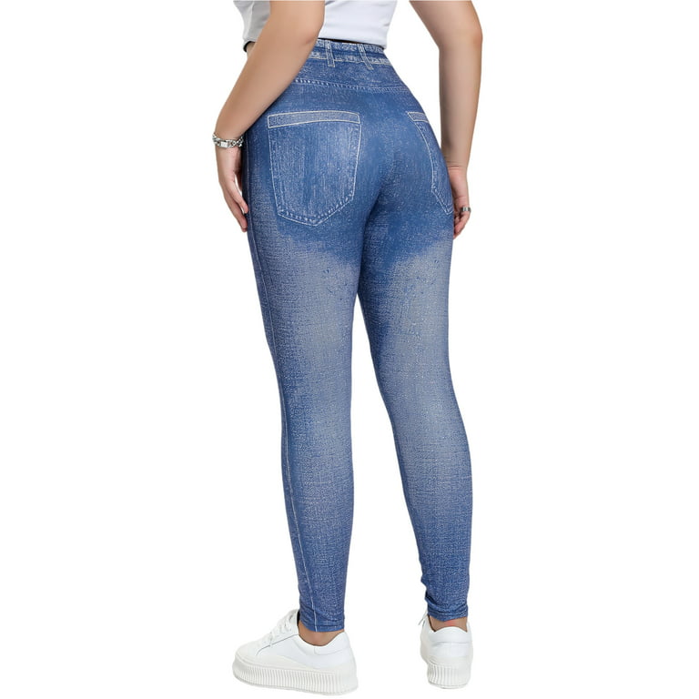 Glonme Women Fake Jeans Elastic Waisted Printed Denim Jeggings Oversized Plus  Size Look Print Leggings Yoga Tight Bottoms Pant Heart Pencil Pants Blue  2XL 