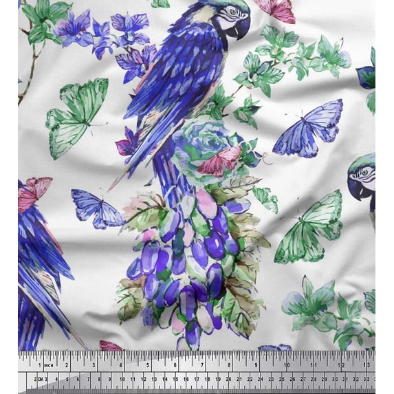 Soimoi Purple Cotton Poplin Fabric Floral,Insect & Parrot Bird Decor Fabric Printed BTY 42 Inch Wide
