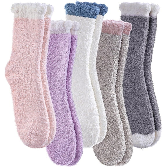 5 /6 Pairs Womens Fuzzy Slipper Socks Super Soft Microfiber Fluffy Cozy Winter Warm Fuzzy Crew Socks