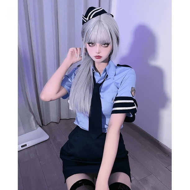 Lencería sexy de talla grande para mujer policía, uniforme de azafata, traje de cosplay, falda sexy con brazos envolventes