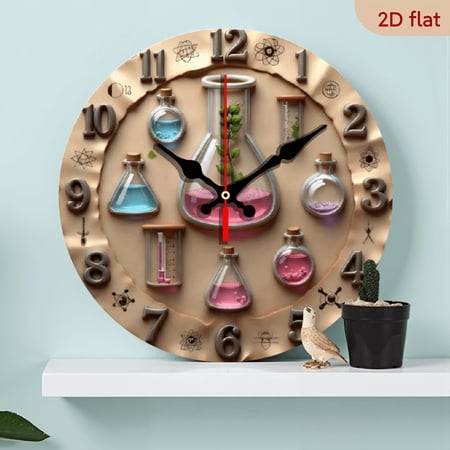 A 10-inch 2D flat wooden round wall clock, themed Chemistry Lab Flasks. Ideal for bedroom, living room, office decor. Great for Mother's Day and special occasions.