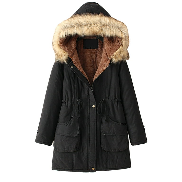 Womens Winter Coats Faux Fur Lining Parka With Fur Hood  Long hooded coat,  Winter coats women, Black winter coat