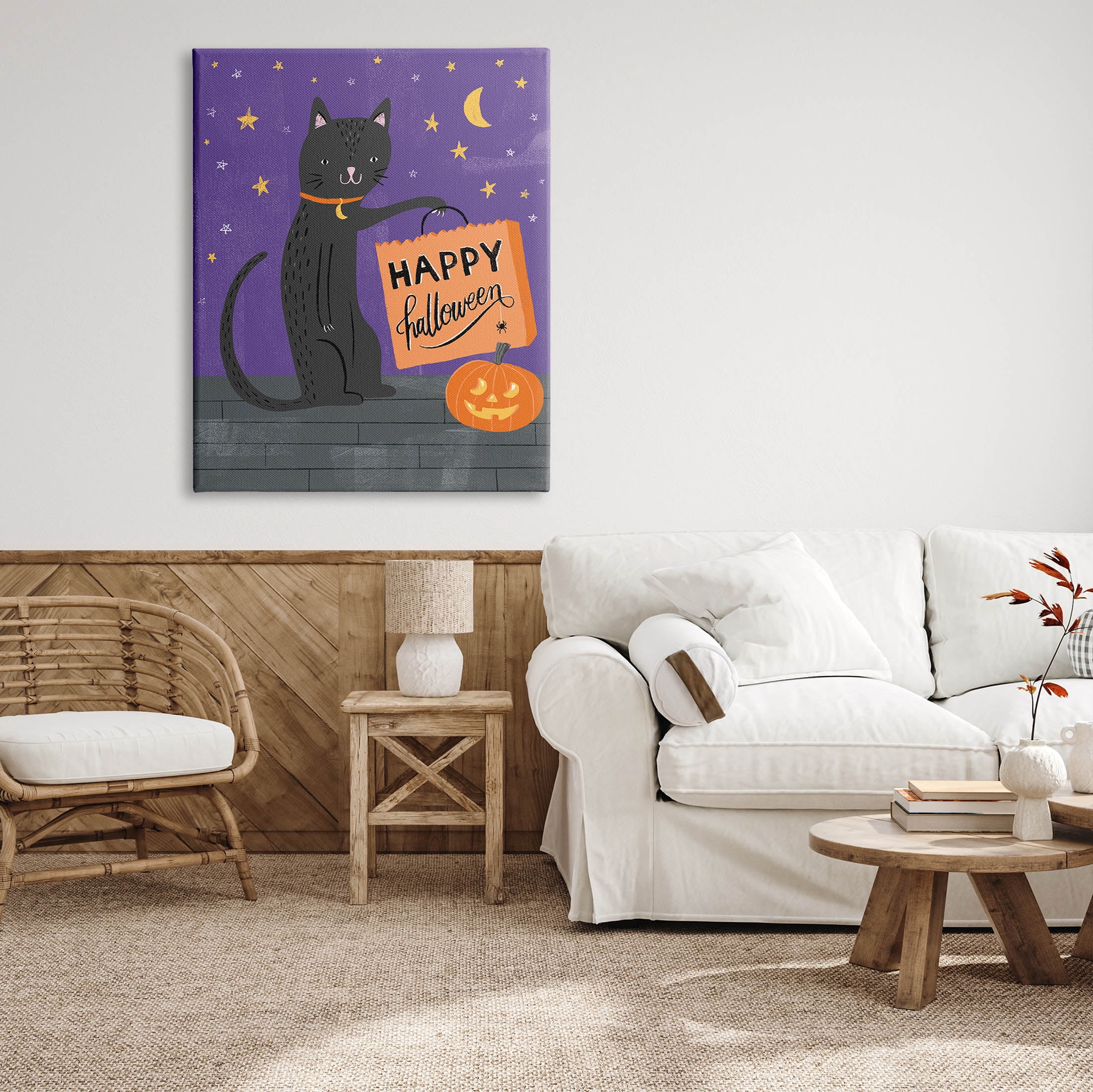 Stupell Industries Happy Halloween Black Cat Graphic Art Gallery Wrapped Canvas Print Wall Art, Design by Amanda McGee