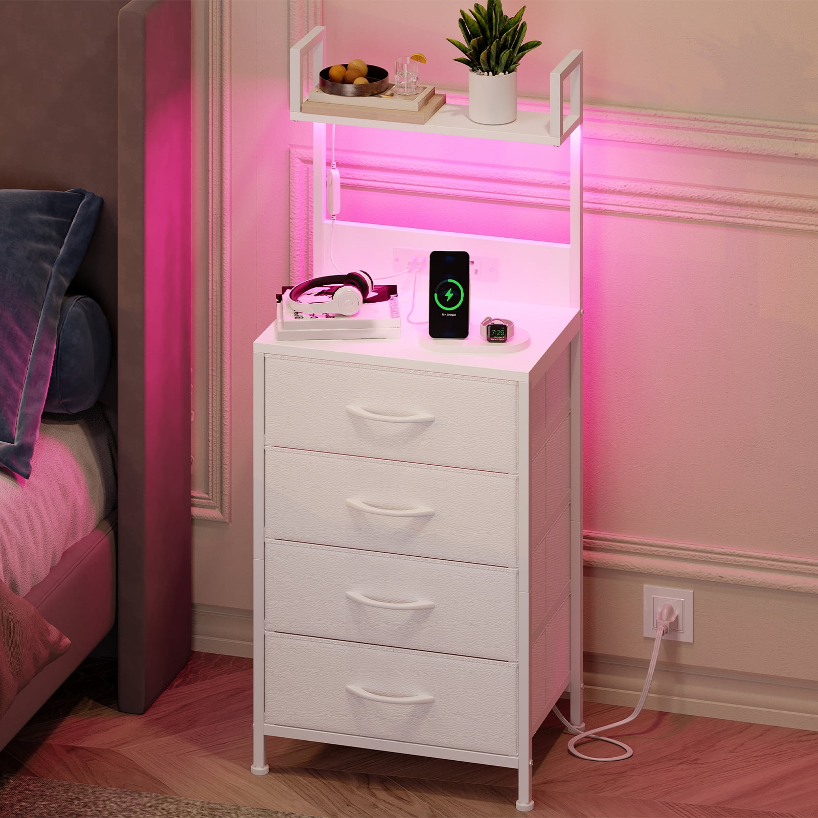 Eunos Tall Nightstand with Charging Station, White Dresser with 4 Drawers and Storage Shelves for Bedroom