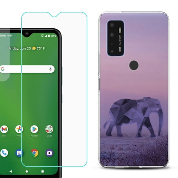 Slim-Fit Gel TPU Phone Case for Cricket Dream 5G, with Tempered Glass Screen Protector, by OneToughShield ® - Twilight Elephant