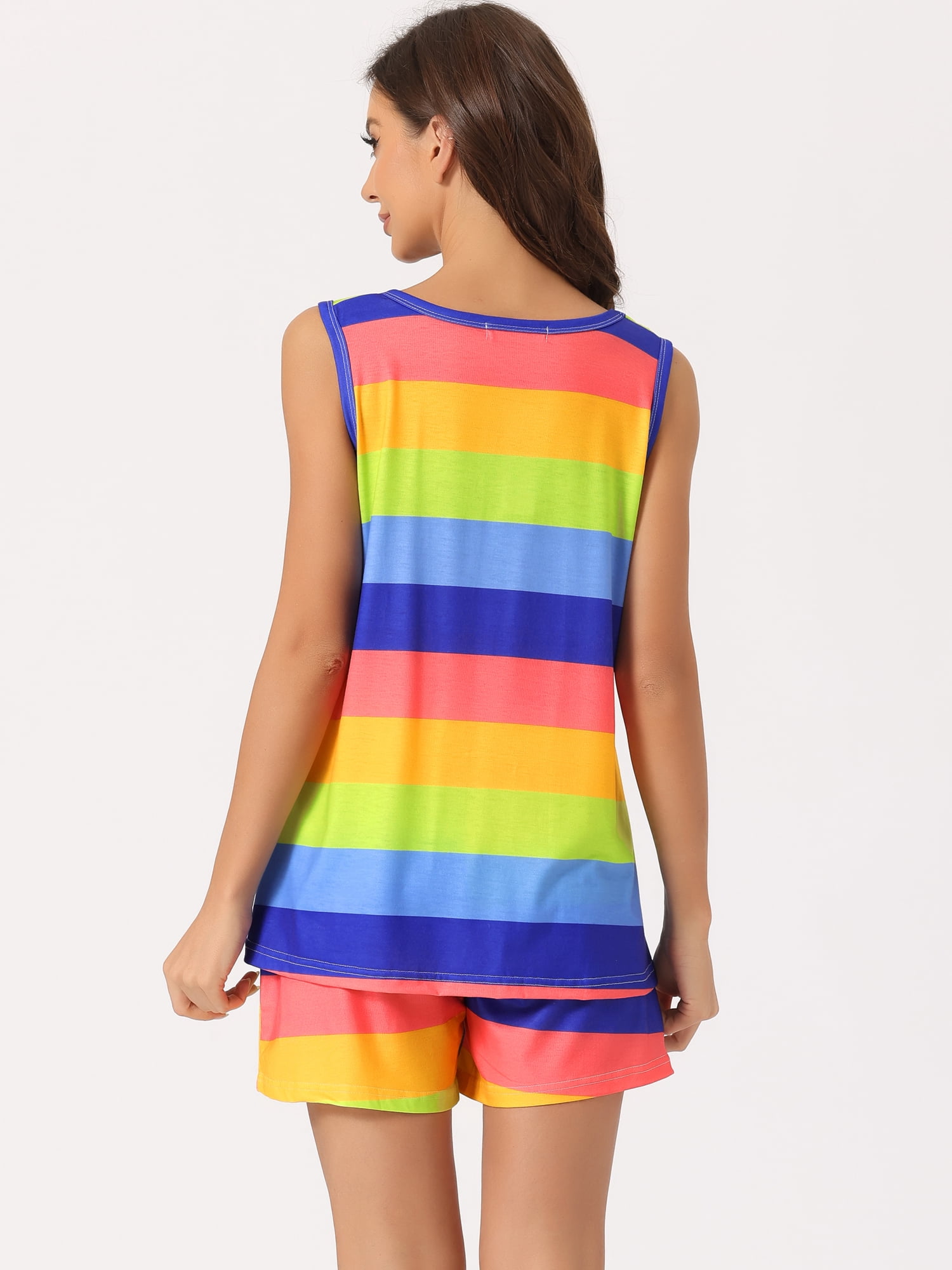 DARING DIVA Women's 2-Piece Rainbow Tank Tops with Shorts Stripe Pajama Set 3XL Blue