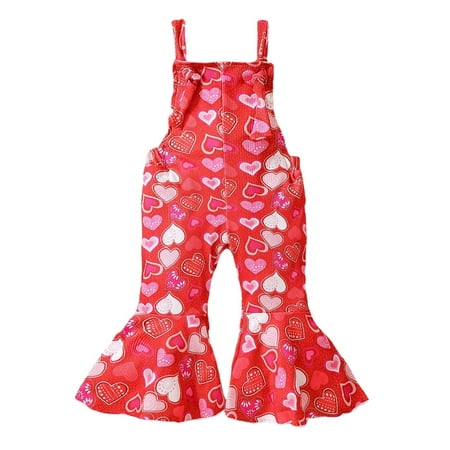 

Valentines Day Toddler Baby Girl One-Piece Outfits Jumpsuit Heart/Lips Print Strap Sleeveless Bell-Bottoms Flare Pants Romper