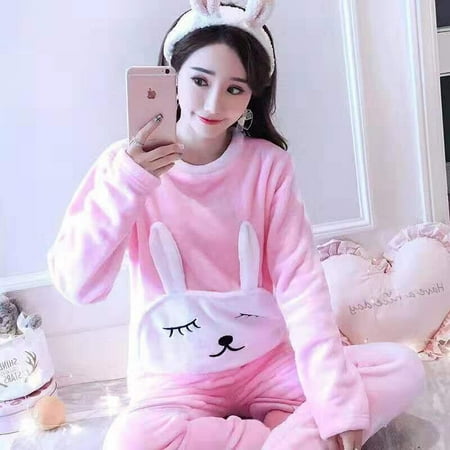 

Autumn Winter Warm Flannel Women Pyjamas Sets Thick Coral Velvet Long Sleeve Cartoon Sleepwear Thin Flannel Pajamas Set