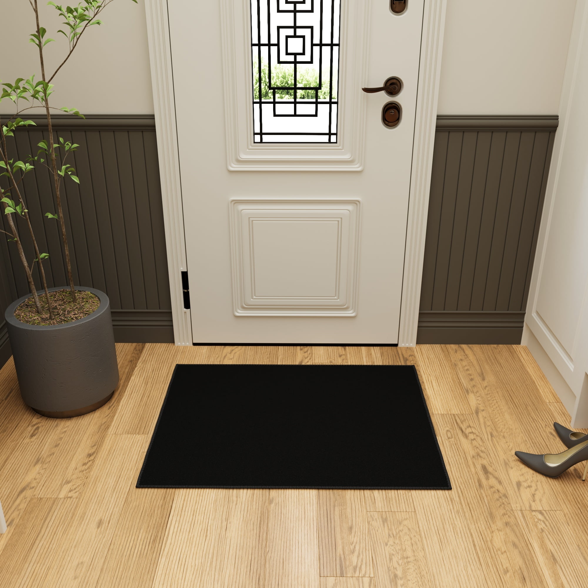 Ottomanson Indoor Door Mat Non-Slip Low Pile Stain Resistant Rug, Solid Black, 2'7" x 3'