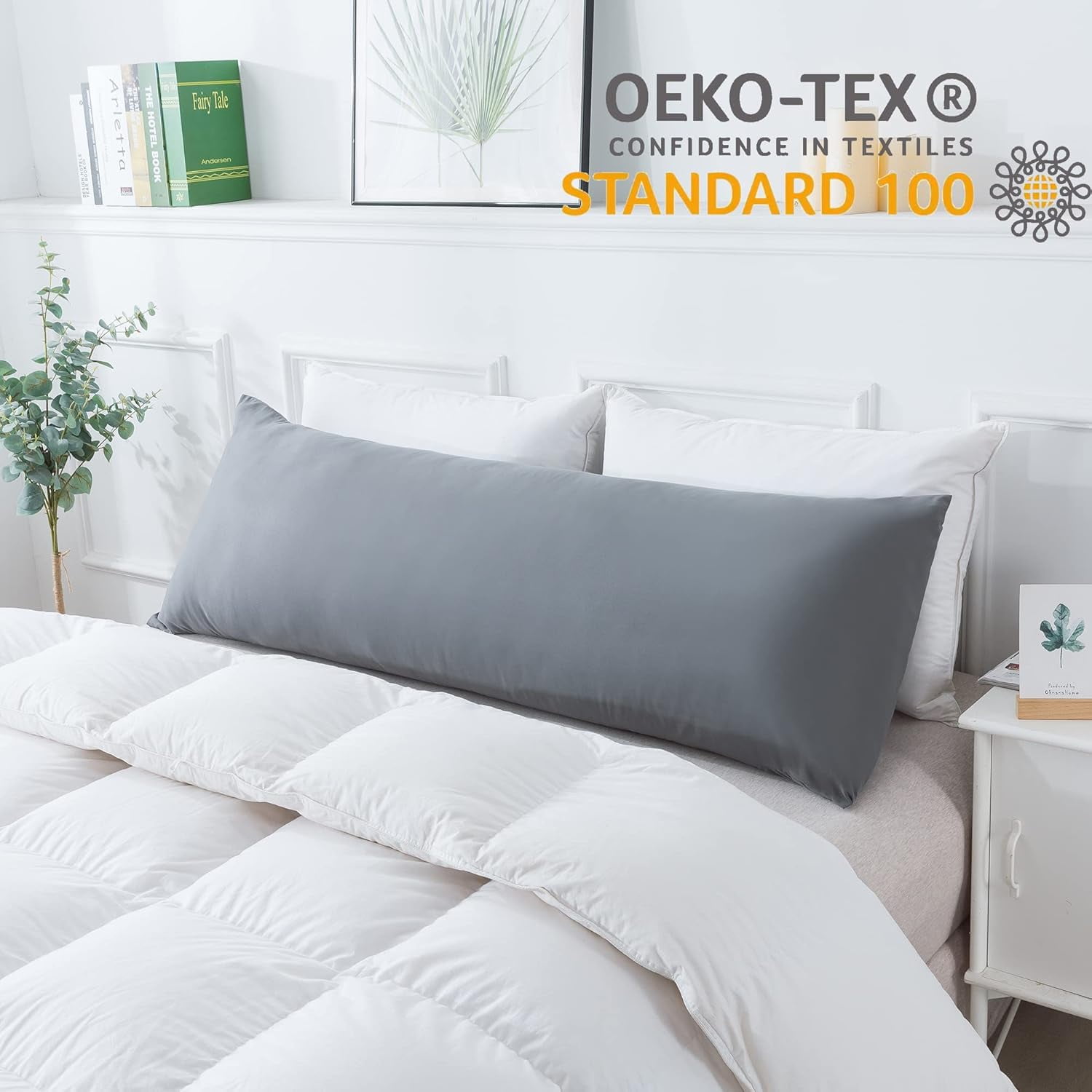 Body Pillow with Pillowcase - Soft Long Bed for Adults Breathable Full Insert Sleeping, 20x54inches, Grey