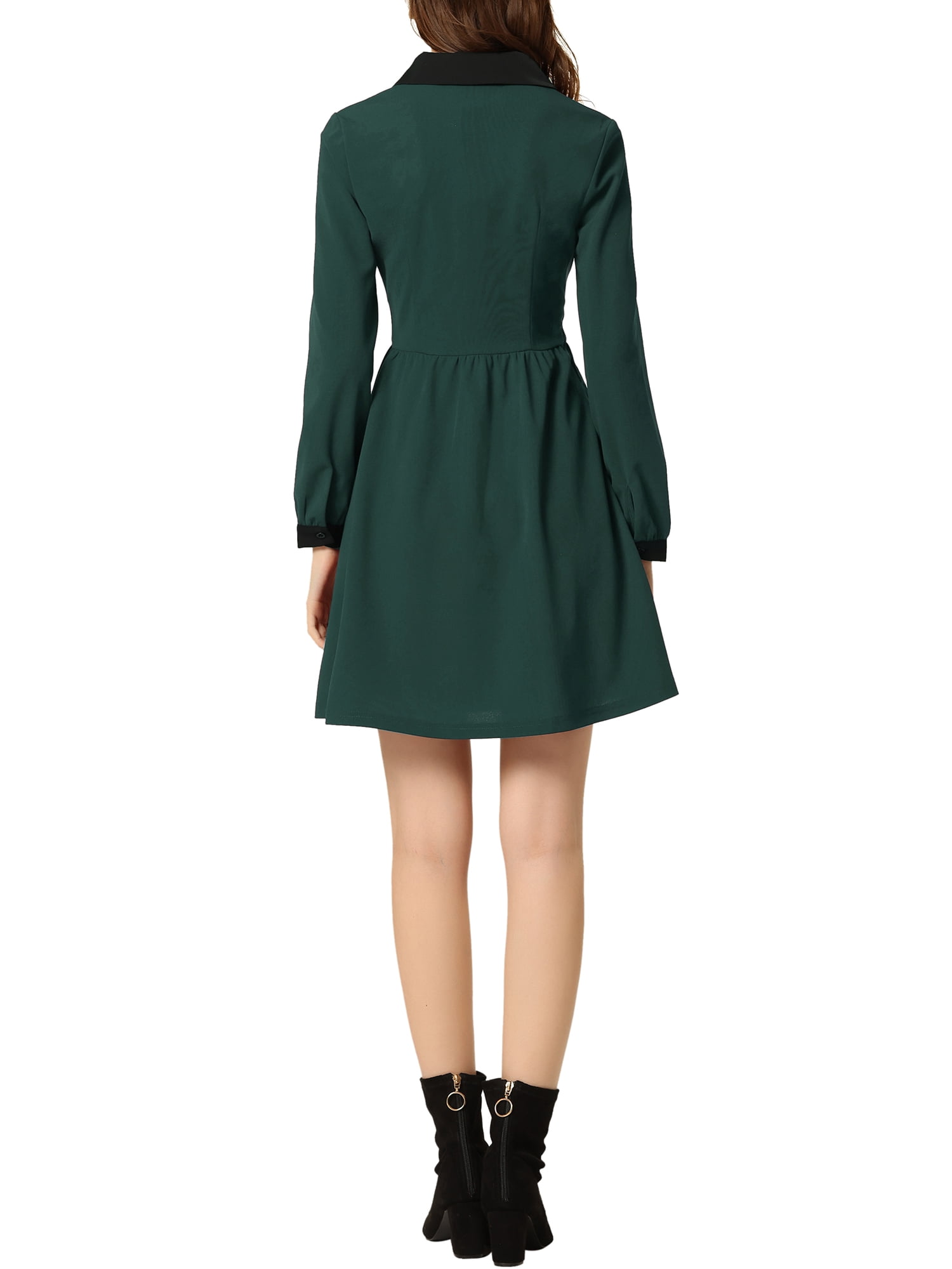 Unique Bargains Women's Peter Pan Collar Contrast Half Placket Swing Short Dress XL Dark Green
