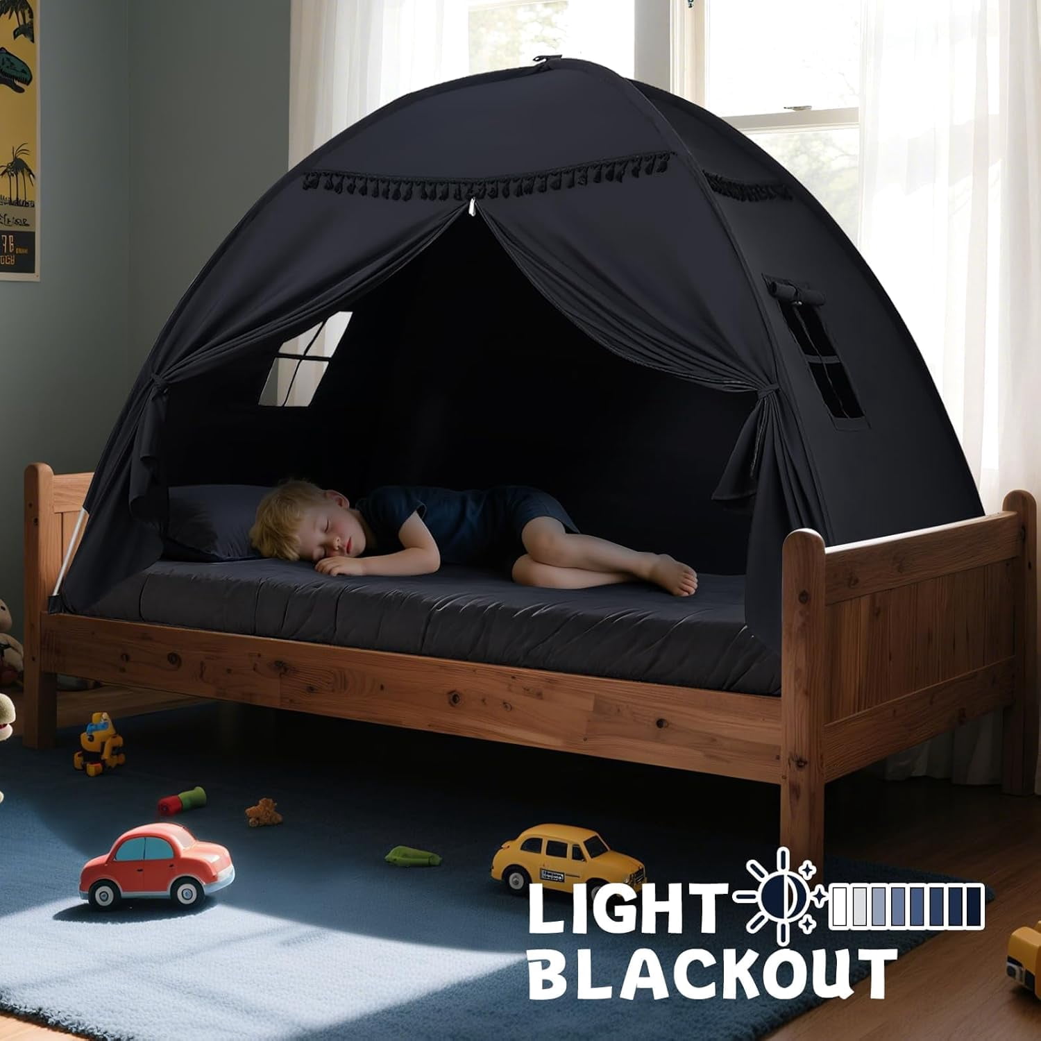 Twin Bed Tent for Kids Indoor, Toddler Bed Canopy with Flags, Twin Size Teepee Tents for Boys Girls Inside Bedroom (Black)