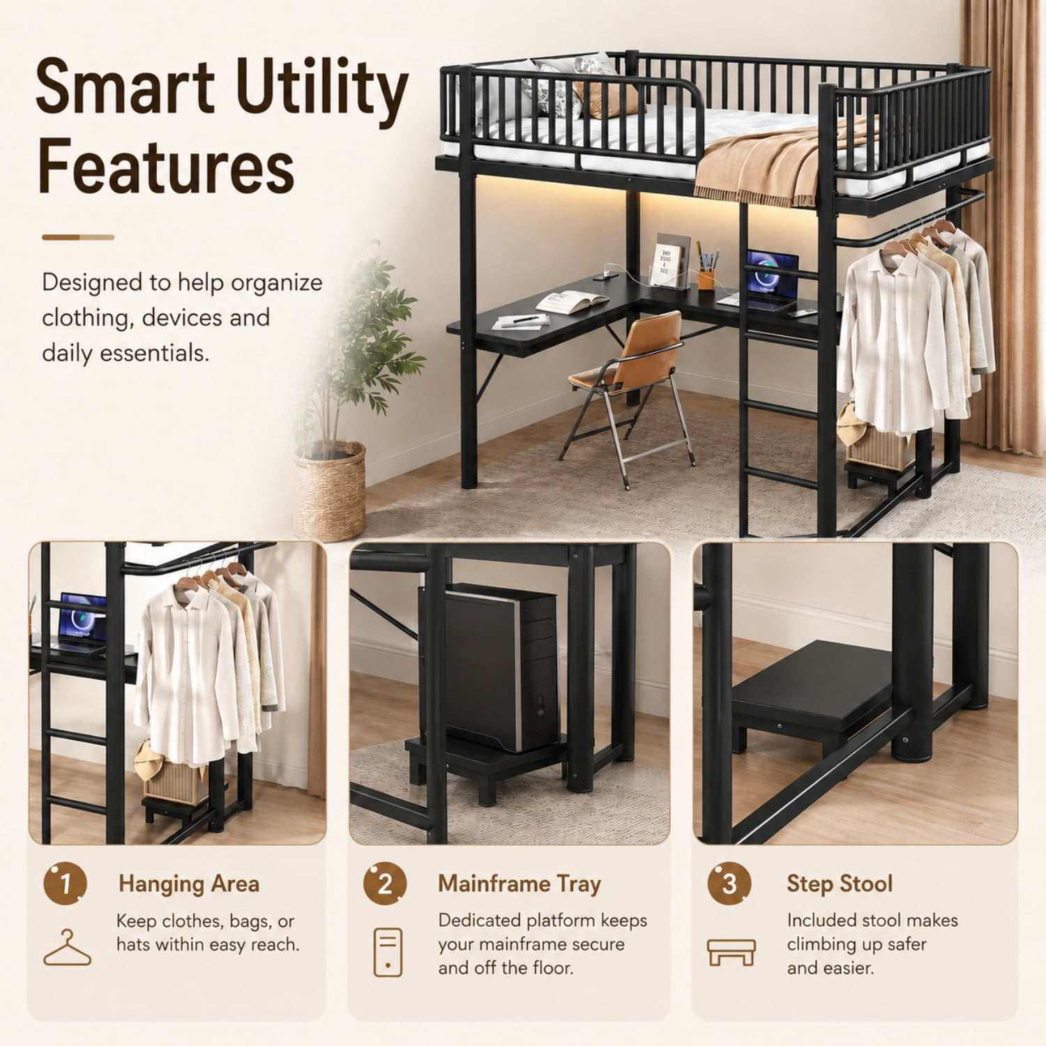 Miniyam Full Metal Loft Bed with L-Shaped Desk, LED Light Strip, Charging Station and PC Tower Tray, Black