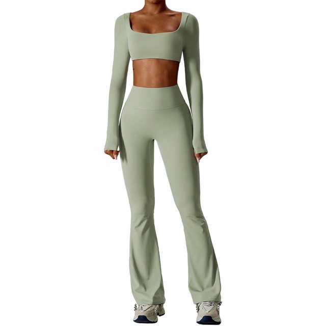 ABOCIW Conjuntos de entrenamiento para mujer, 2 piezas, parte delantera torcida, manga larga, tops cortos de cintura alta, leggings acampanados, conjuntos de gimnasio