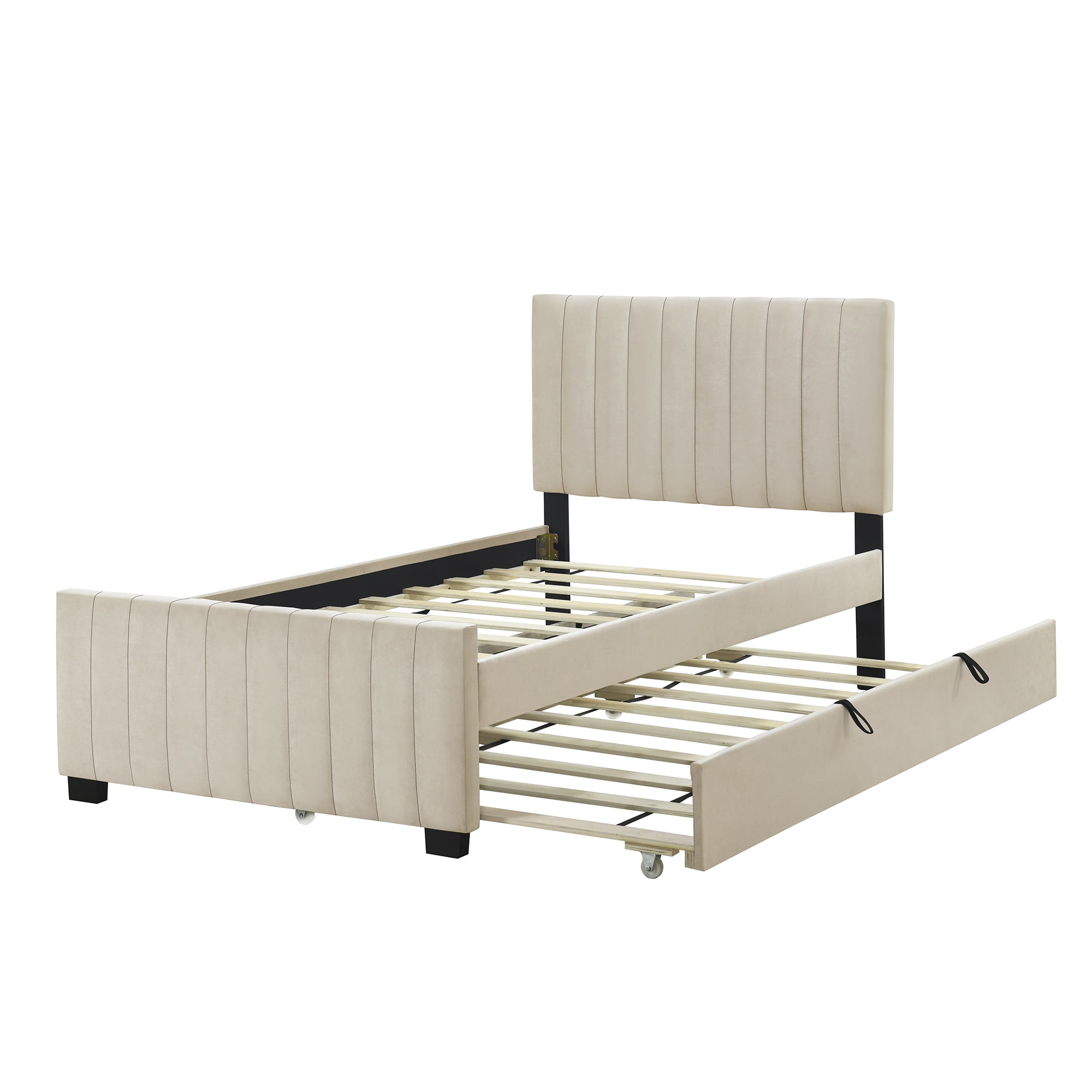 Aukfa Twin Size Upholstered Platform Bed Frame with Twin Size Trundle for Bedroom,Guestroom, Beige