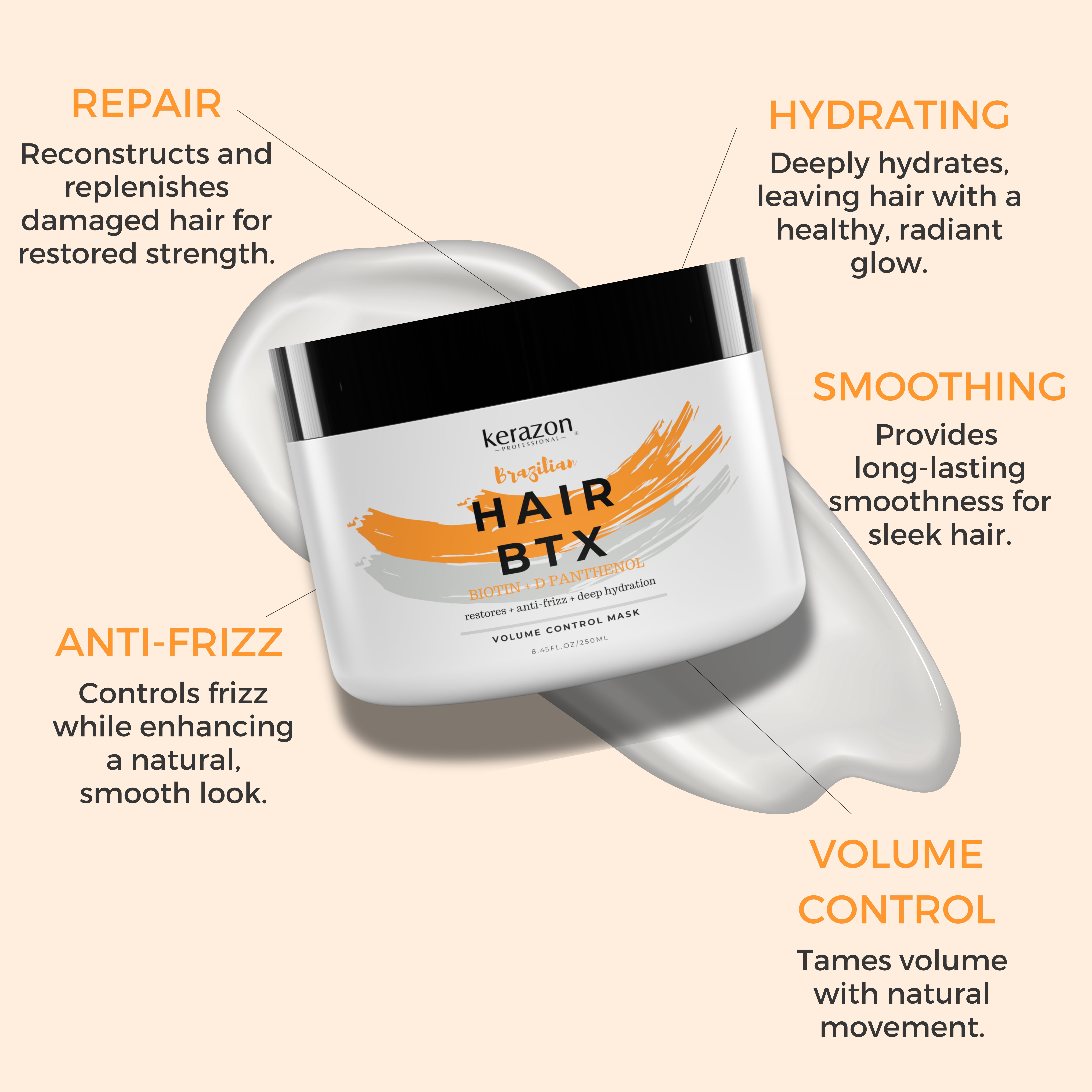 Kerazon Brazilian Hair BTX Smoothing Treatment Anti Frizz Hair Mask Volume Control For all Hair Types, Dry, Damaged Hair 8oz