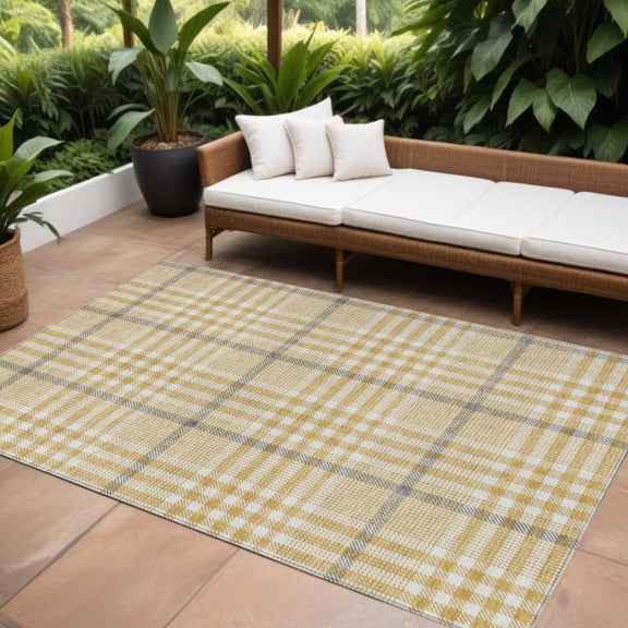 HomeRoots 601481 10 x 14 ft. Gold, Gray & Beige Plaid Washable Indoor & Outdoor Rectangle Area Rug