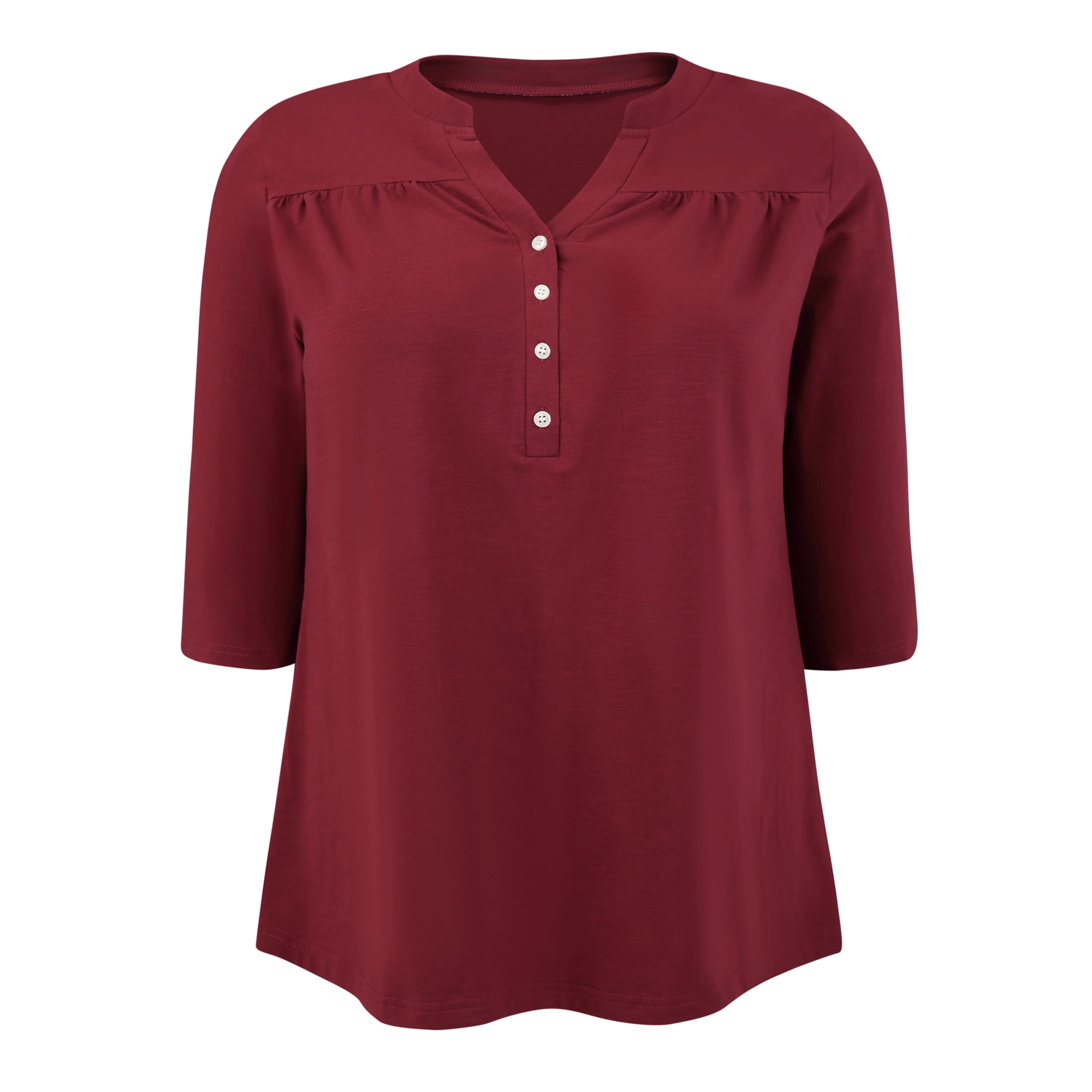 DARING DIVA Women's Plus Pleated Button Front Shirts 3/4 Sleeve Blouses 3X Burgundy