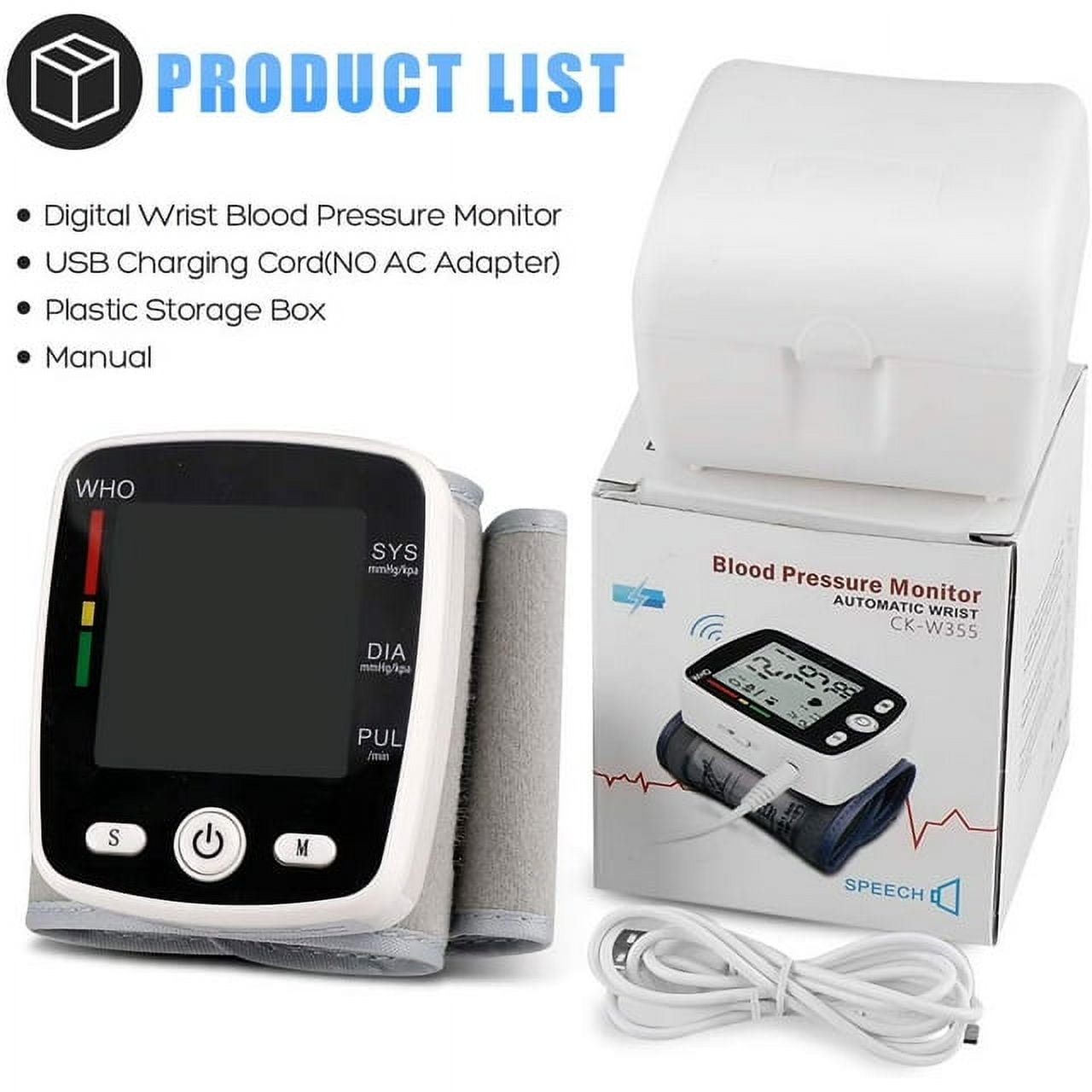SUWU Blood Pressure Monitor, Rechargable Blood Pressure Machine Wrist with Voice Broadcast and 180 Memory for Dual User