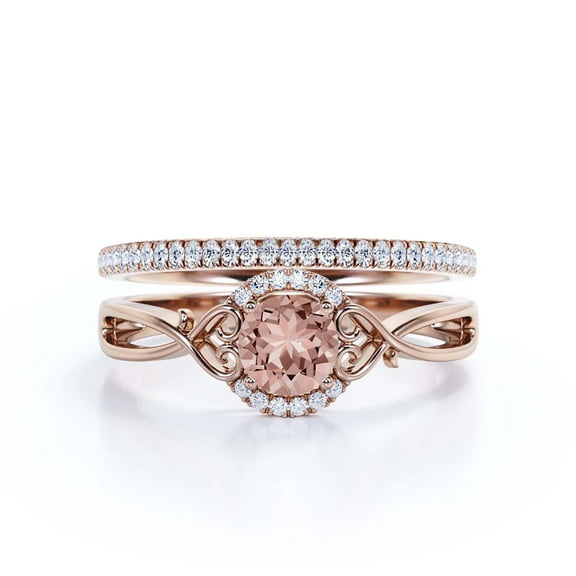 Dazzling Half Halo 1.75 Carat Round Cut Morganite And Diamond Moissanite Engagement Ring Wedding Ring in 10k Solid Rose Gold, Gift For Her, Promise Ring, Anniversary Ring, Bridal Set, Matching Band