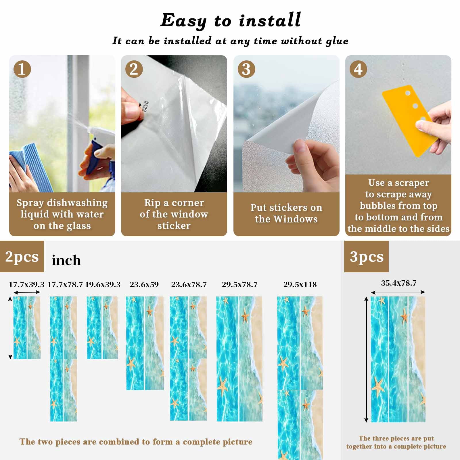 Summer Beach Window Privacy Film, Blue Teal Ocean Waves Beige Sand Starfish Shells Frosted Glass Window Clings Static Cling UV Heat Blocking Reusable Door Sticker for Bathroom 23.6 x 59 Inch