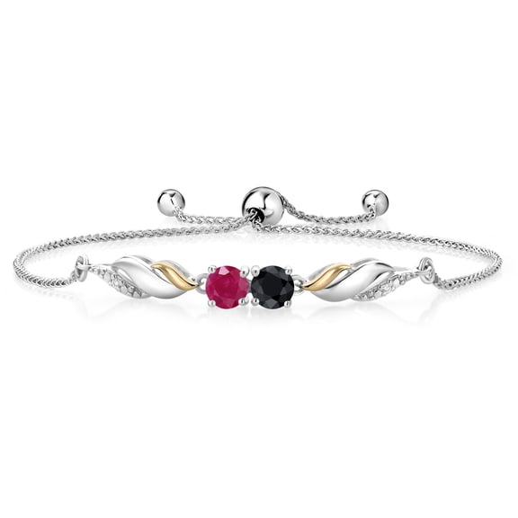 Gem Stone King 1.26 Ct Round Black Sapphire Red Ruby 925 Silver and 10K Yellow Gold Lab Grown Diamond Bracelet for Women