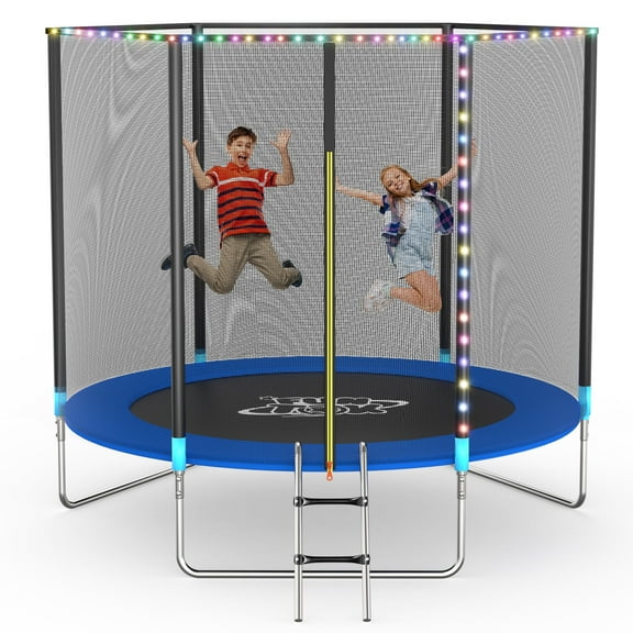 FUNTOK Trampoline for Kids, 8FT Trampoline with Light, 330LBS Capacity Outdoor Round Recreational Trampoline with Net Ladder for 2-3 Kids