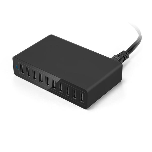 Estación de carga USB de 10 puertos, cargador rápido multifuncional, cargador de pared de escritorio con enchufe estadounidense (negro)
