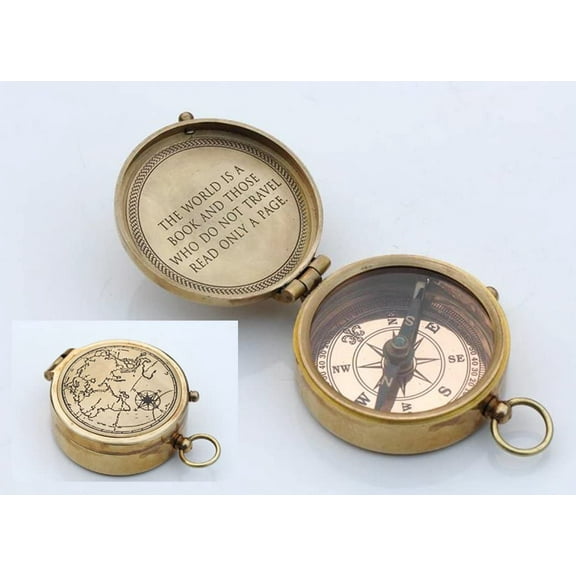 Roorkee Instruments (India)Brand Brass Metal Engraved Magnetic Compass with Leather Case