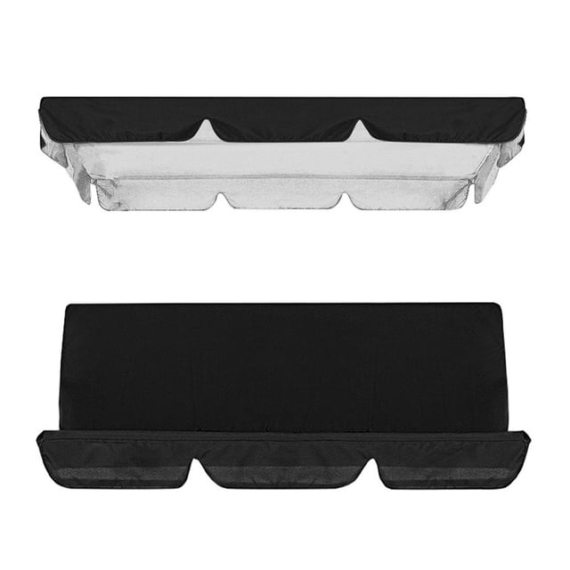 juego de fundas de repuesto para dosel para columpio al aire libre, cubierta superior 164×114×15 cm y funda de asiento 150×50×10 cm en tela Oxford 190T, color negro y azul; dos piezas planas mostradas en vista frontal sobre fondo blanco, adecuada para columpios de patio de 2–3 plazas.