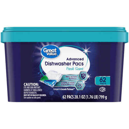 Great Value Advanced Automatic Dishwasher Pacs, Fresh Scent, 62 Count