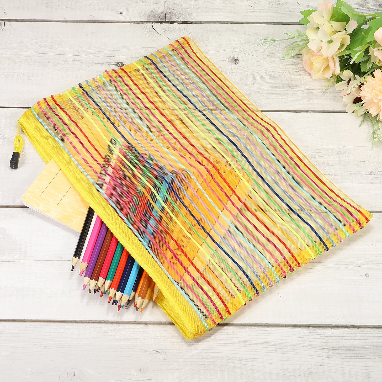 Unique Bargains Colorful Mesh Zipper Pouches Pencil Case Document File Bags Yellow