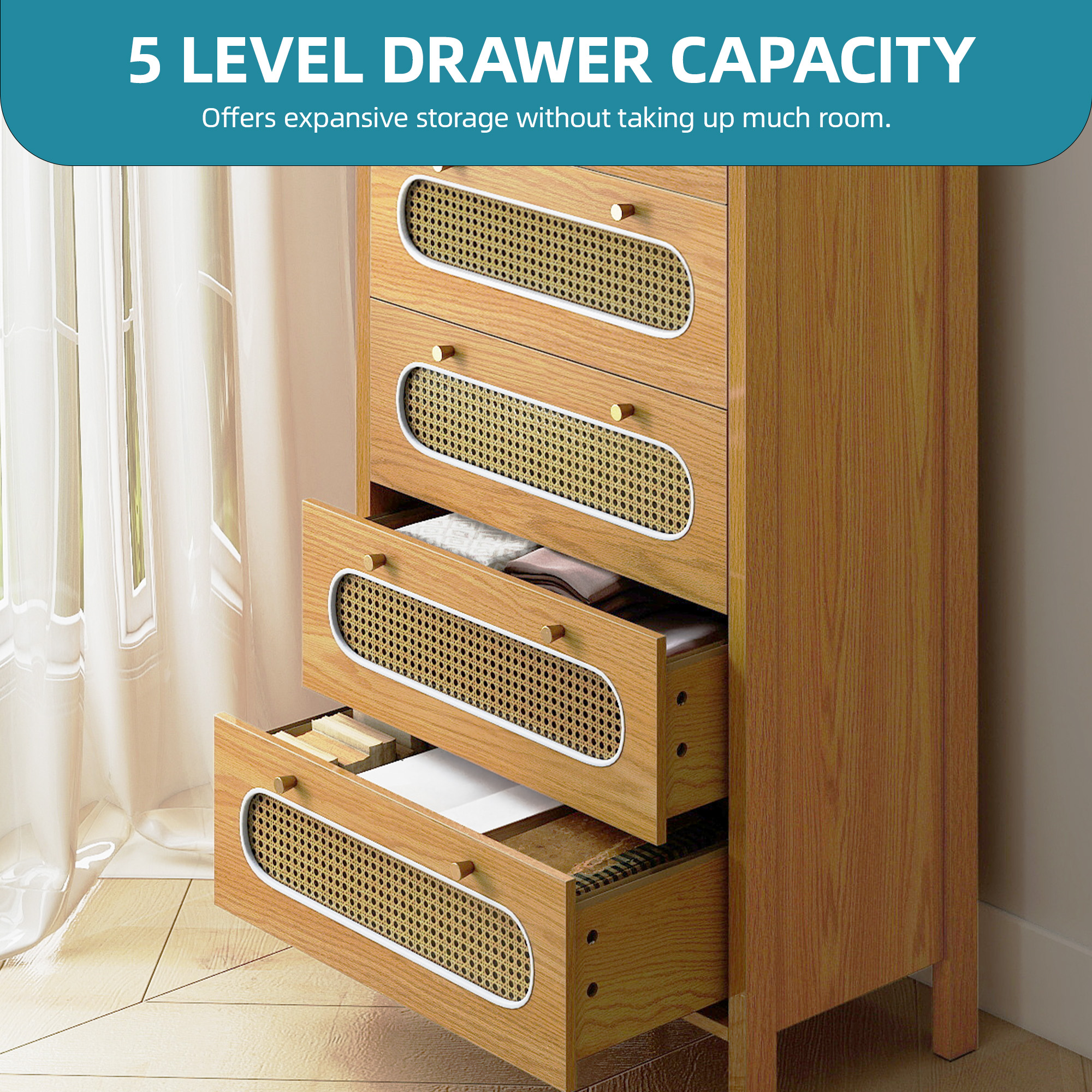 Uforic 5-Drawer Wood Dresser with Anti-tip Device for , Boho Vertical Chest of Drawers, Oak