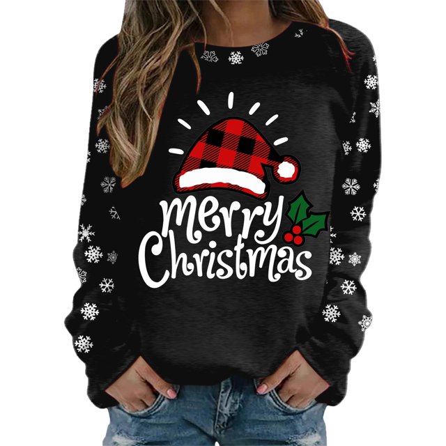 Gibobby Sudadera de Navidad para mujer Sudadera para mujer Moda Navidad Estampado Cuello redondo Ajuste Tops Casual Manga larga Camisas de entrenamiento Blusa suelta(Negro,XG)