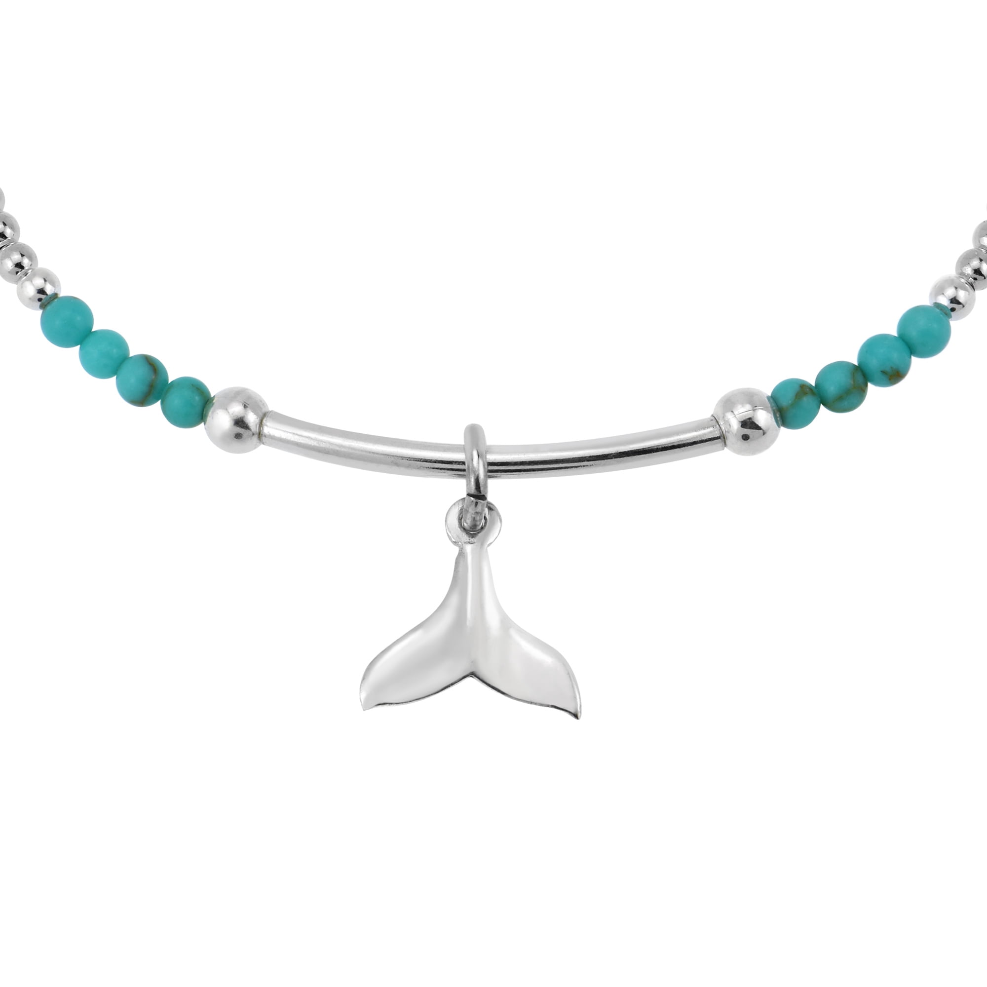 Ocean Serenity Whale Tail Green Turquoise Charm Sterling Silver Beaded Bracelet