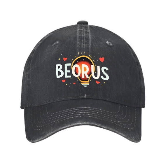 Vintage Cotton Washed Distressed Baseball Cap - Black Dad Hat with ' BEORUS ' in Bold White Colorful Hearts & Glowing Light Bulb Design for Men & Women