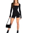 thumbnail image 3 of Franhais Women's Short Jumpsuit Letter Print Square Neck Slim Fit Long Sleeve Knitted Style Bodysuit, 3 of 8