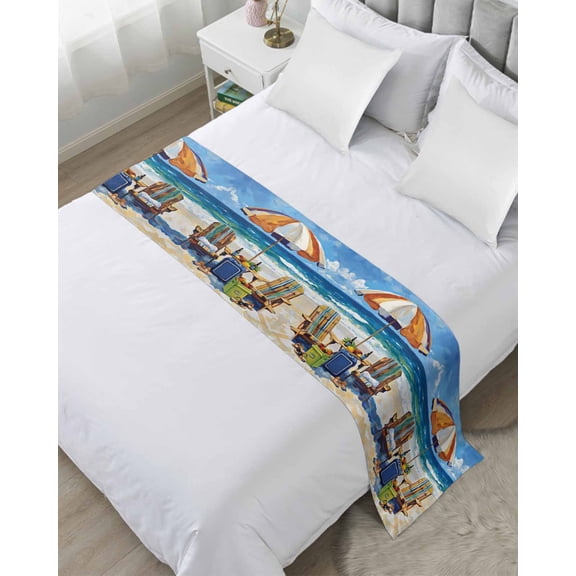 Bed Runner Scarf King Size, Coastal Beach Stain Bed Runners & Scarves for Foot of Beds, Summer Ocean Sea Wave Oil Painting Decorative Bedding Runner Scarf for Hotel Home Bedroom