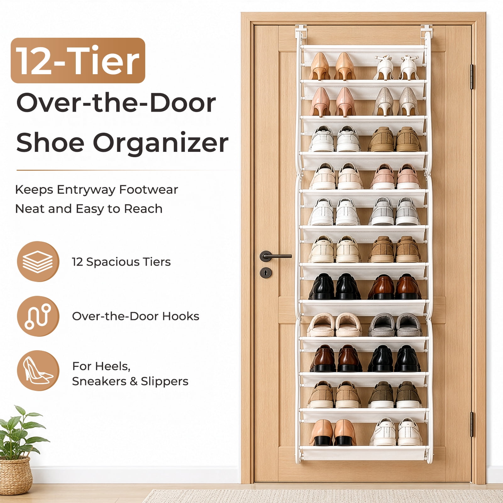 12-Tier Over-the-Door Shoe Rack with Non-Woven Fabric Dividers, White, 19.68 x 6.69 x 71.26 in
